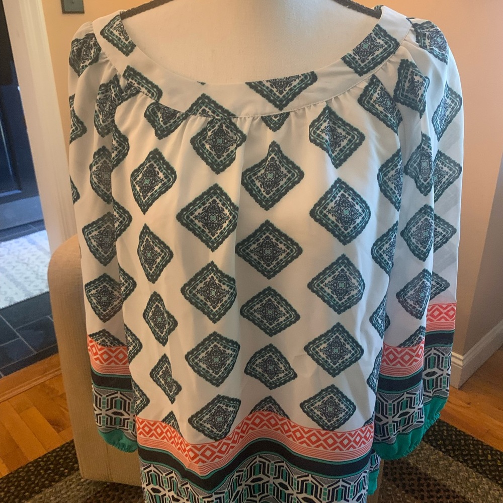 Violet & Claire Geometric Print Blouse - White, Green and Coral